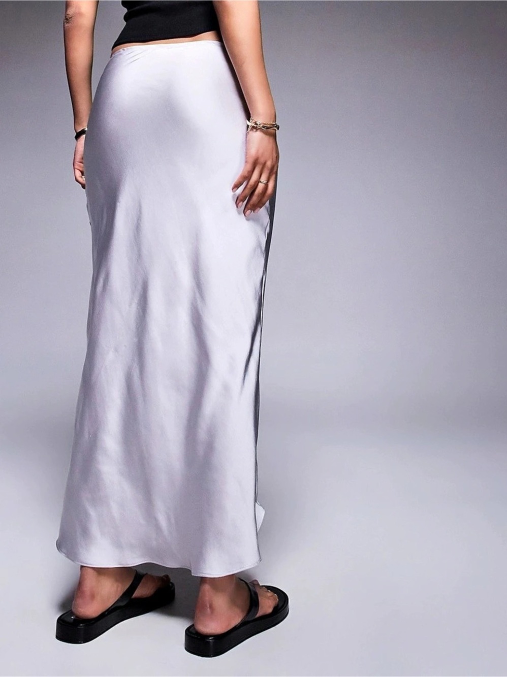 RIVER ISLAND Satin Bias Maxi Split double slit Skirt in Silver Satin Style US 2 - Picture 2 of 10